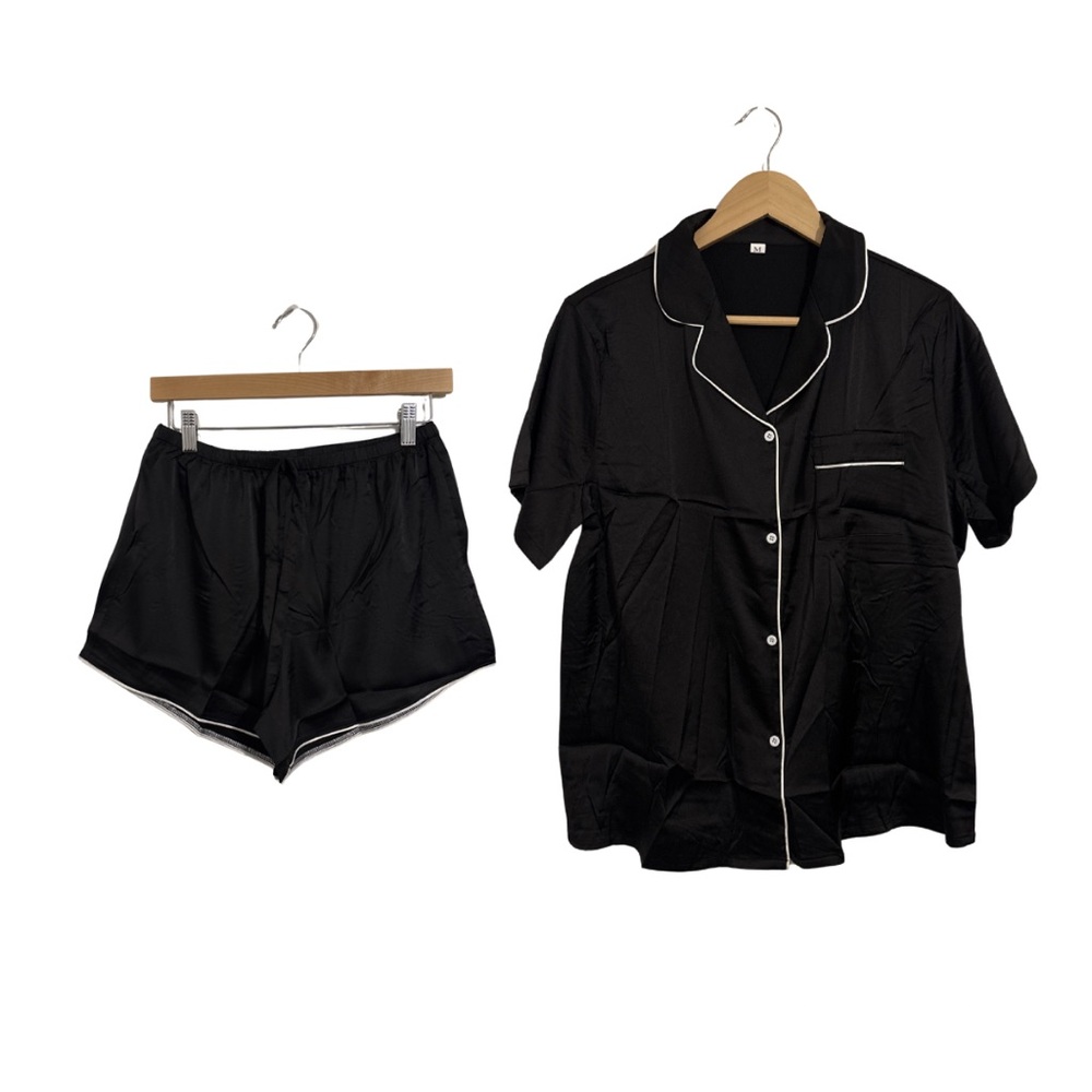 Black Pajama Set with White Piping M